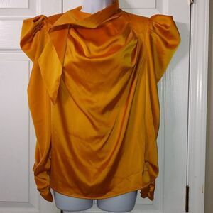 Kosmios Vintage Inspired  Drape neck Gold Long Sleeve Blouse SZ M NWOT